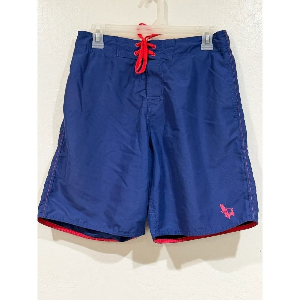 Johnnie-O Mens Navy Blue Red Contrast Swim Trunks Board Shorts Mesh Lining L